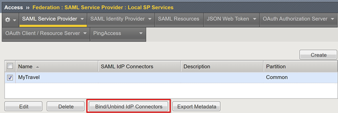 Captura de pantalla de la opción Bind Unbind IdP Connectors en la pestaña Proveedor de servicios de SAML.
