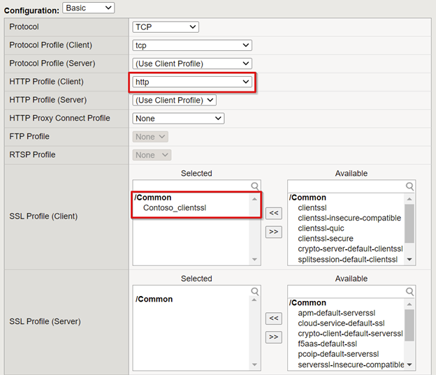 Captura de pantalla de las entradas Cliente de perfil HTTP y Cliente de perfil SSL.