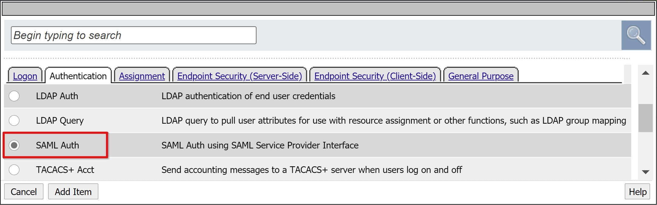 Captura de pantalla de la opción SAML Auth (Autenticación de SAML) en la pestaña Authentication (Autenticación).