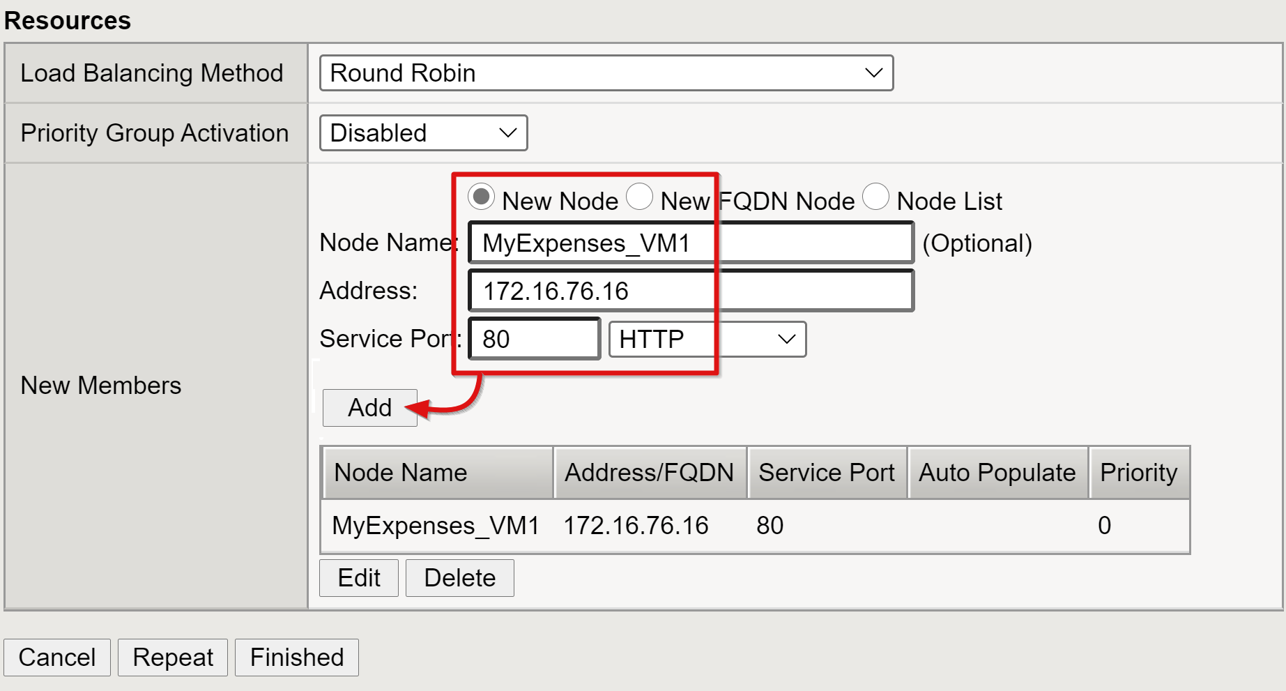 Captura de pantalla de las entradas Node Name (Nombre del nodo), Address (Dirección) y Service Port (Puerto de servicio) y la opción Add (Agregar).