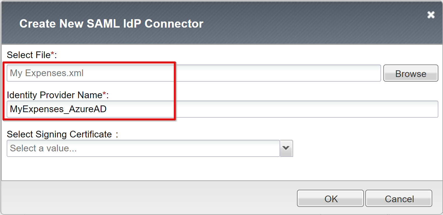Captura de pantalla de las entradas Select File (Seleccionar archivo) e Identity Provider Name (Nombre de proveedor de identidades) bajo Select File (Seleccionar archivo) en Create New SAML IdP Connector (Crear nuevo conector de IdP de SAML).