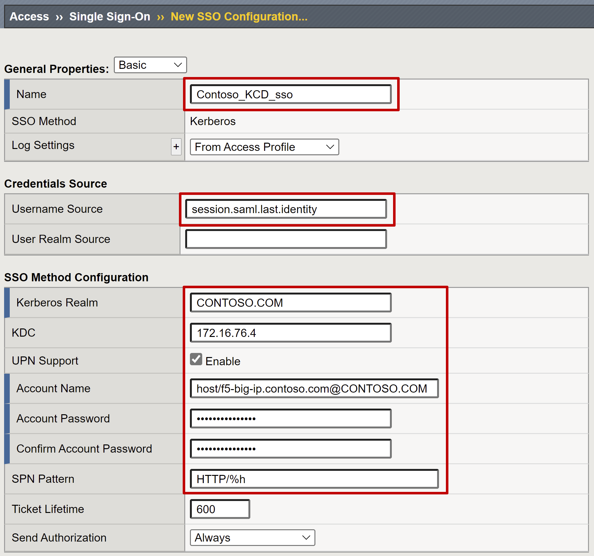 Captura de pantalla de las entradas Name (Nombre), Username Source (Origen de nombre de usuario) y SSO Method Configuration (Configuración de método de SSO) en General Properties (Propiedades generales).