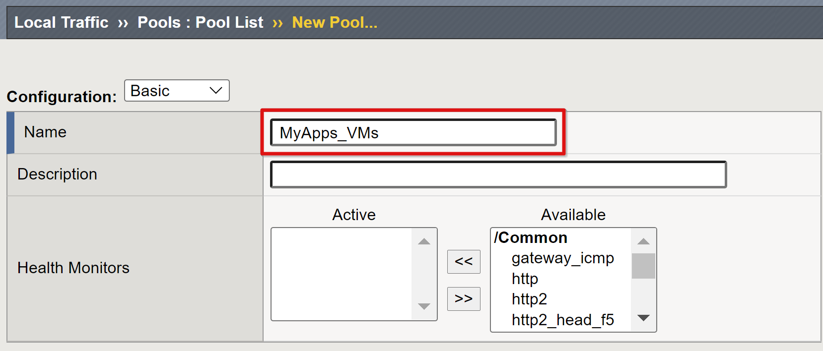 Captura de pantalla de la entrada Name (Nombre) en Configuration (Configuración) en New Pool (Nuevo grupo).