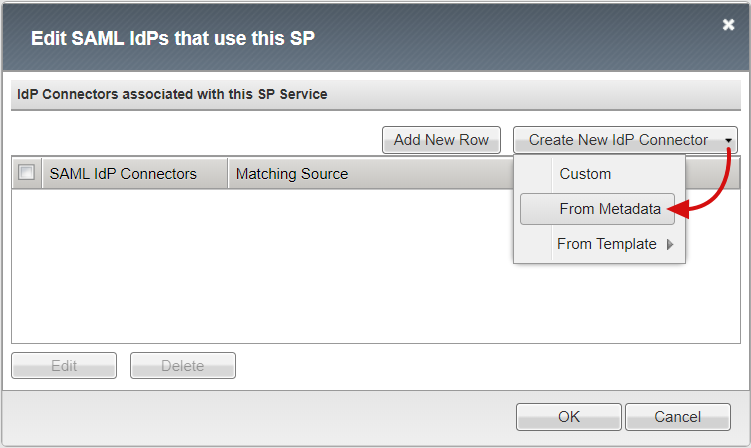 Captura de pantalla de la opción From Metadata (Desde metadatos) en Create New IdP Connector (Crear nuevo conector de IdP) en Edit SAML IdPs (Editar IdP de SAML).