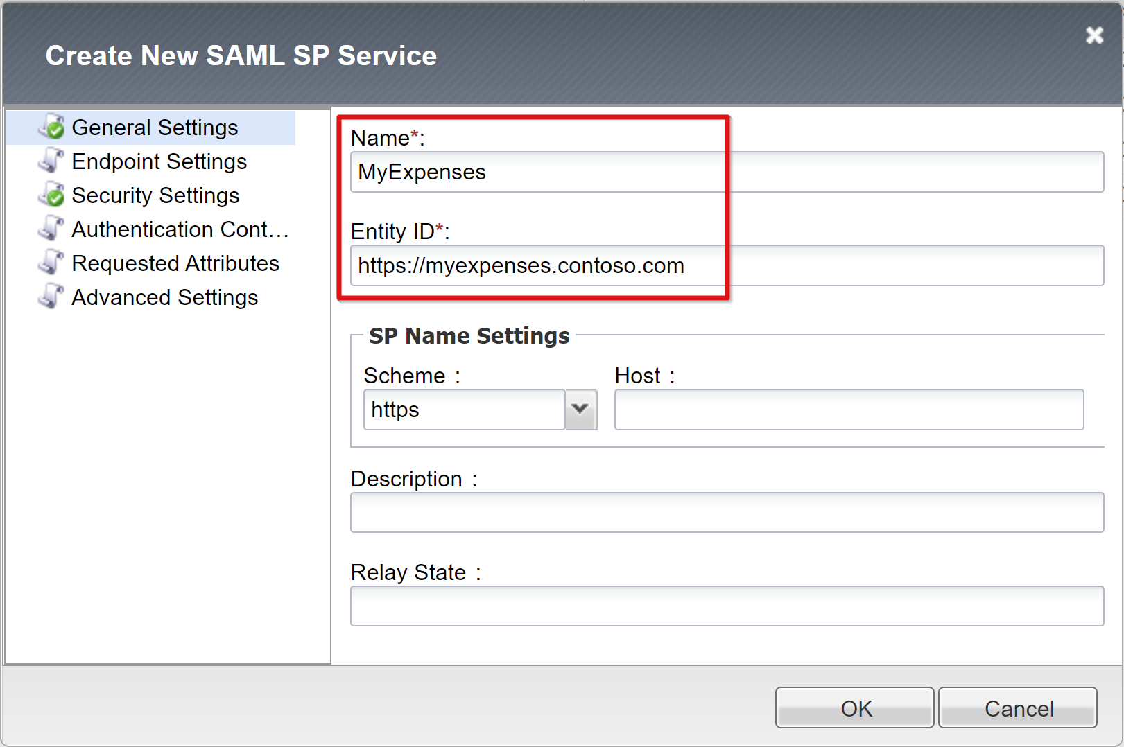 Captura de pantalla de las entradas Name Nombre y Entity ID (Id. de entidad) en Create New SAML SP Service (Crear nuevo servicio SP de SAML).