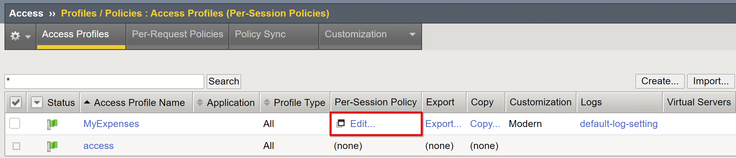 Captura de pantalla de la opción Edit (Editar) en Per Session Policy (Directiva por sesión).