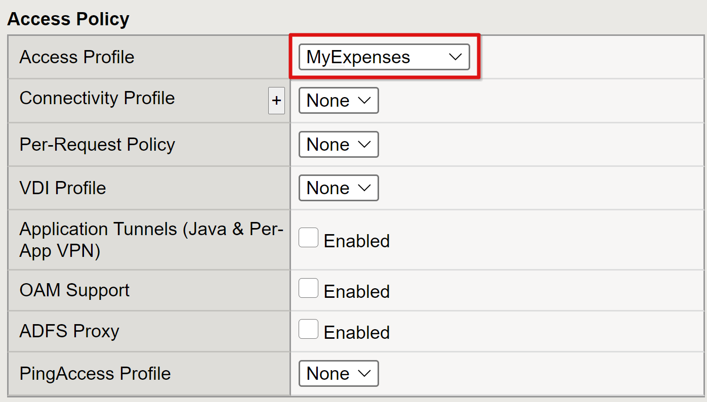 Captura de pantalla de la entrada Access Profile (Perfil de acceso) en Access Policy (Directiva de acceso).