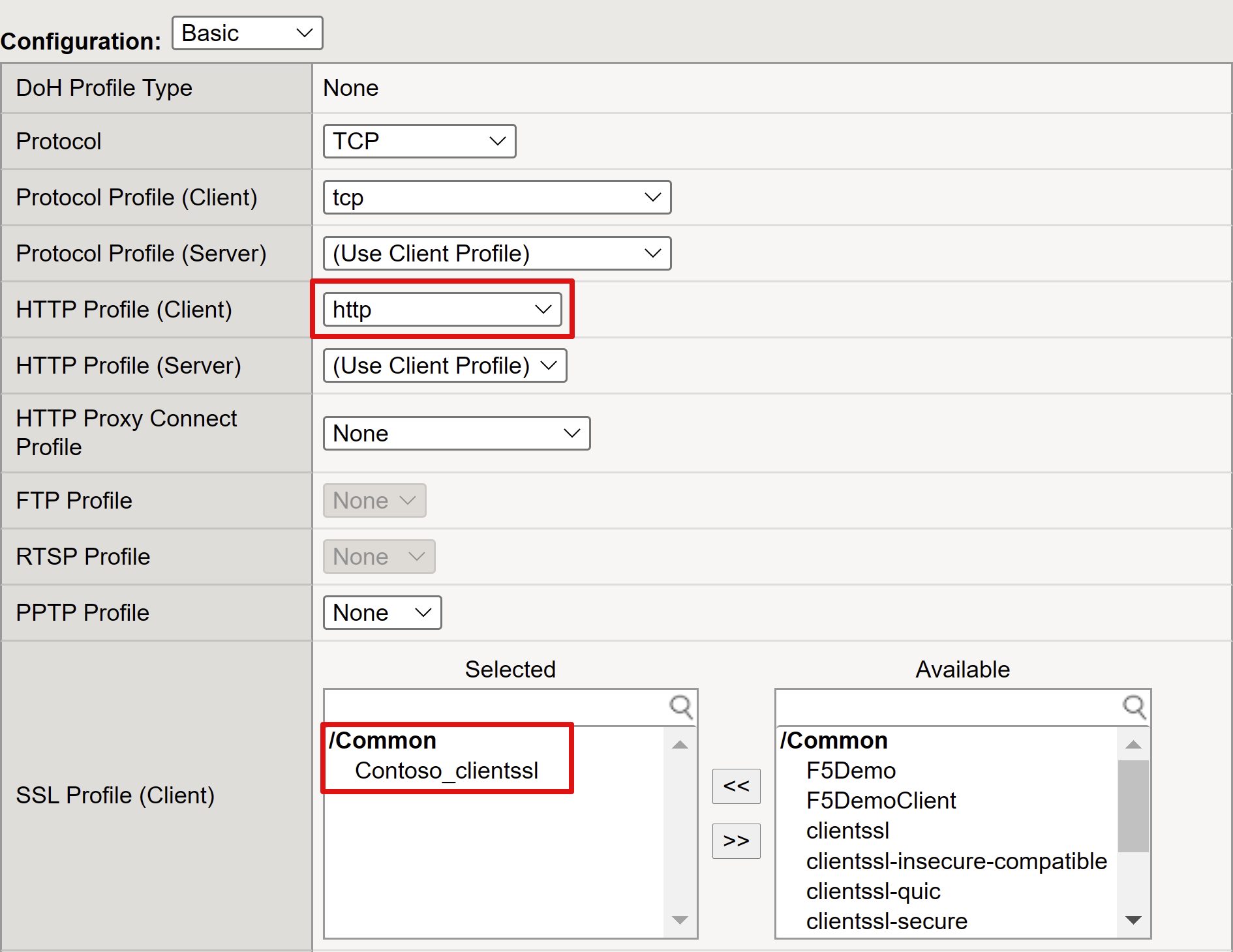 Captura de pantalla de las entradas HTTP Profile (Perfil HTTP) y SSL Profile (Perfil SSL) para Client (Cliente).