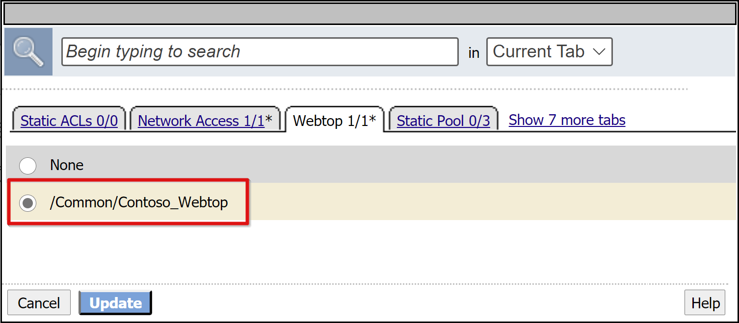 Captura de pantalla del objeto webtop creado en la pestaña Webtop.