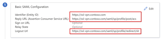 Captura de pantalla de las direcciones URL básicas de configuración de SAML.