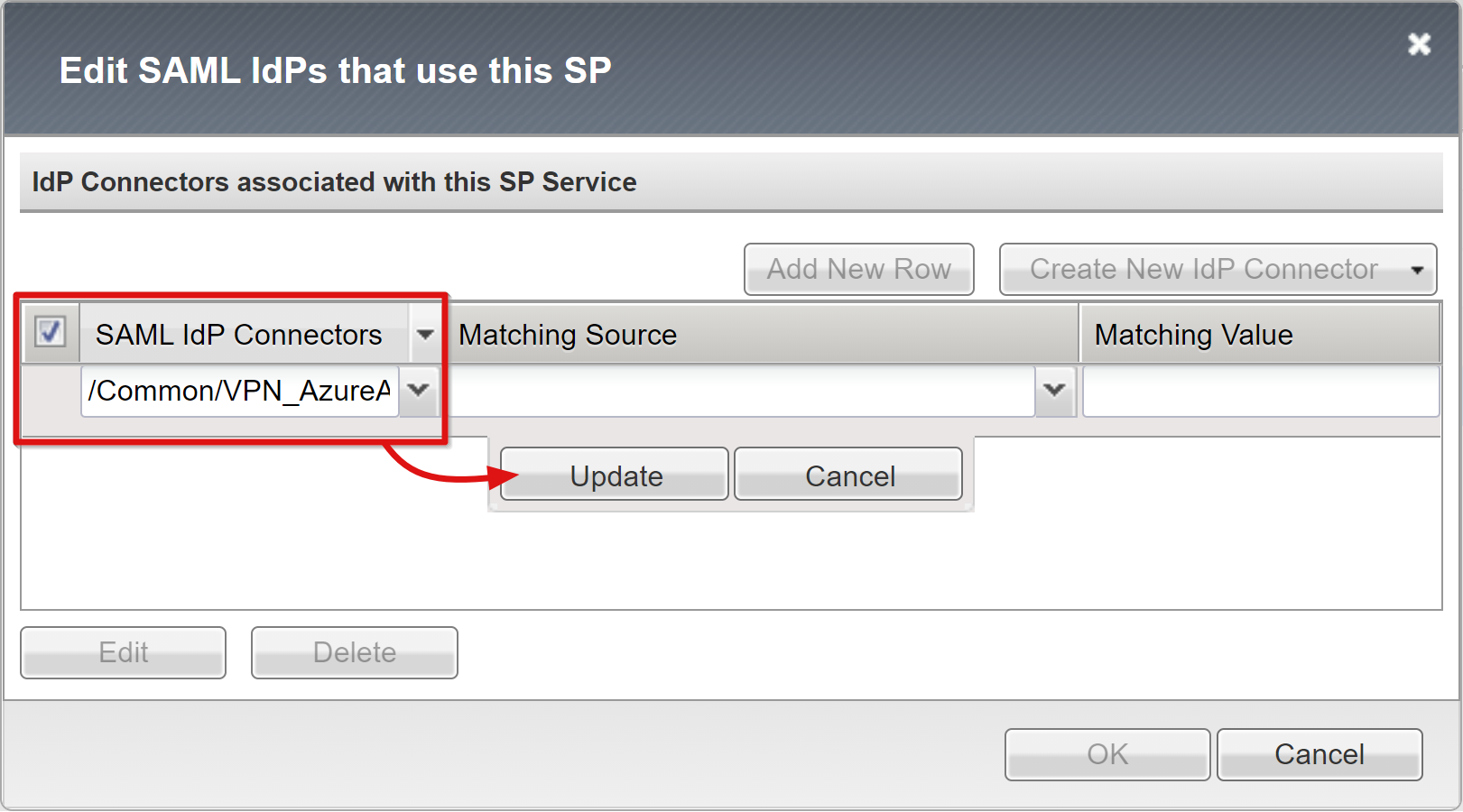 Captura de pantalla de la opción de conectores de IdP de SAML en la página para editar proveedor de identidades de SAML.