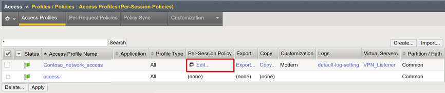 Captura de pantalla de la opción Editar en Perfiles de acceso, en las directivas previas a la sesión.
