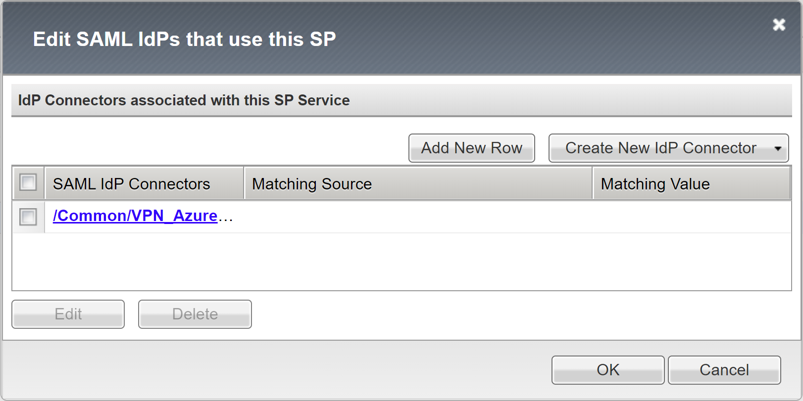 Captura de pantalla del vínculo con la opción común, VPN de Azure en la página para editar proveedores de identidades de SAML.