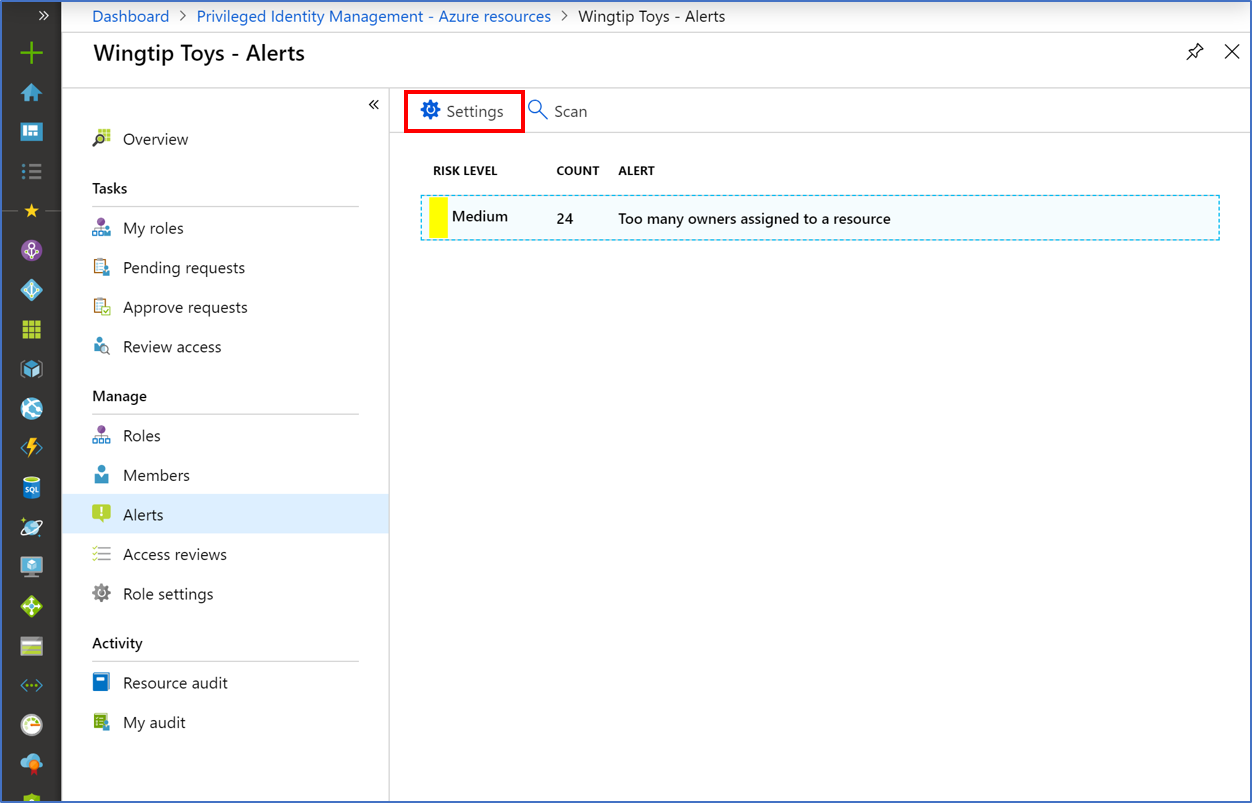 Captura de pantalla de la página de alertas con la opción Configuración resaltada.