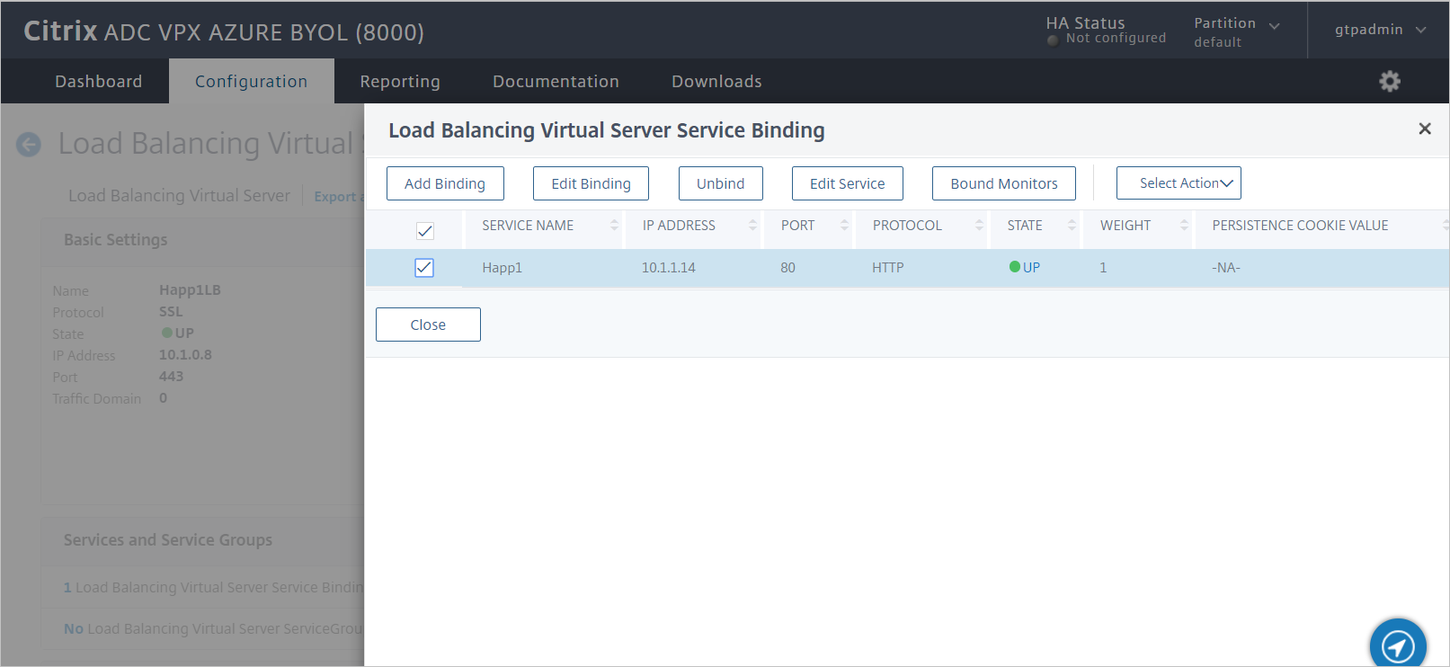 Configuración de Citrix ADC SAML Connector for Azure AD: comprobación del enlace de servicios de servidor virtual