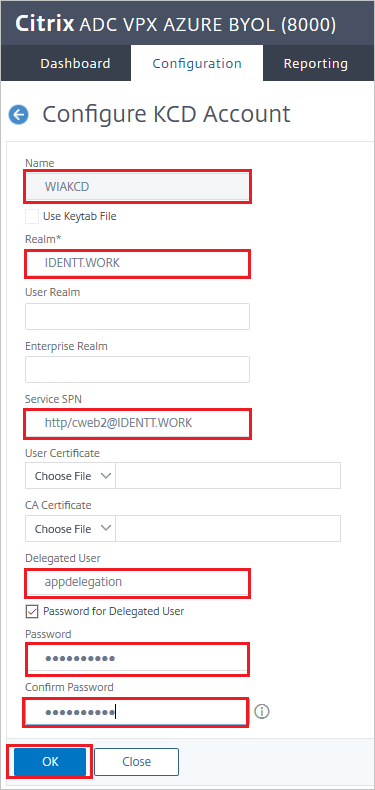 Configuración de Citrix ADC SAML Connector for Azure AD: panel Configurar cuenta de KCD