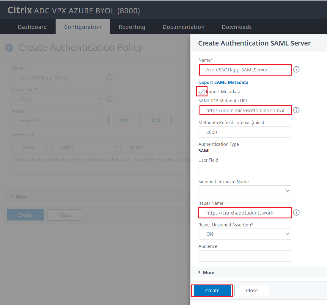 Configuración de Citrix ADC SAML Connector for Azure AD: panel Crear servidor SAML de autenticación
