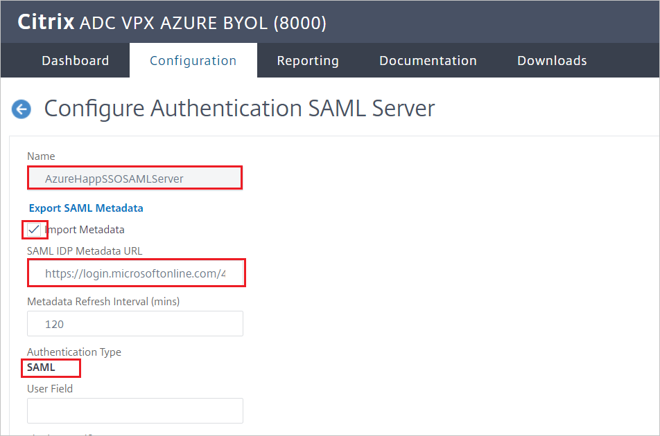 Citrix ADC configuration - Configure Authentication SAML Server pane