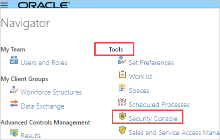 Captura de pantalla de la página Navegador en la consola de administración de Oracle Fusion ERP. Se resaltan las herramientas y la consola de seguridad.
