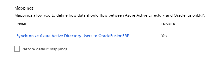 Captura de pantalla de la sección Asignaciones. En el nombre, está visible la opción para sincronizar los usuarios de Azure Active Directory con Oracle Fusion ERP.