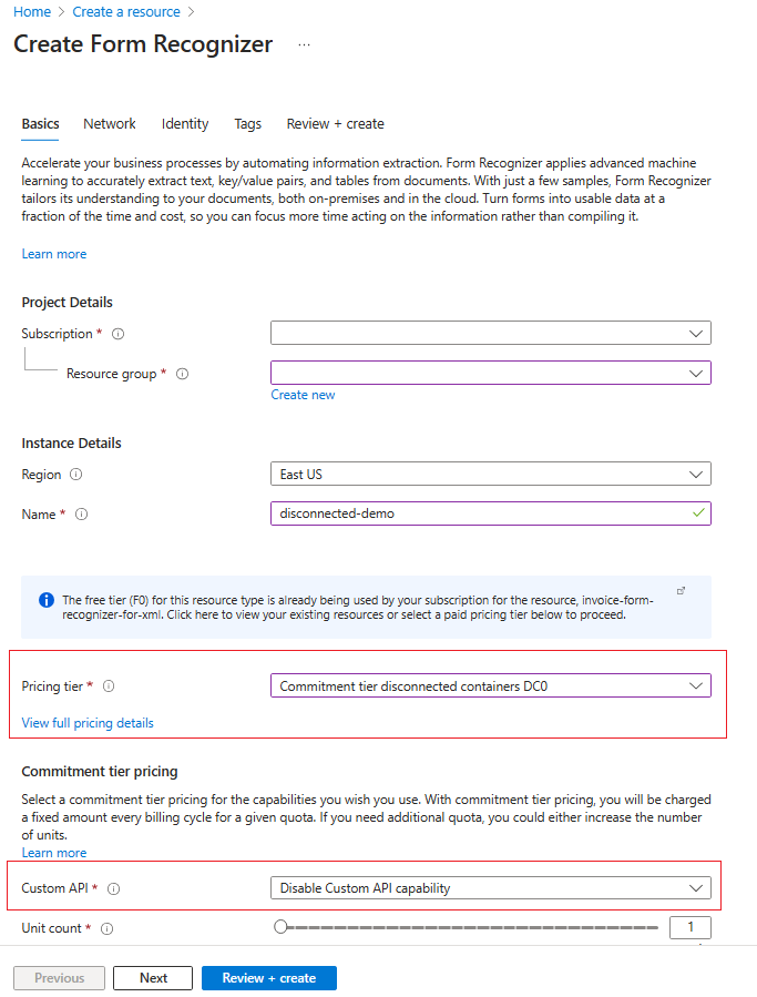 Captura de pantalla de la configuración de nivel desconectado en Azure Portal.