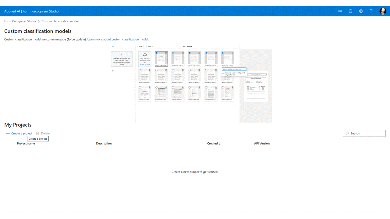 Captura de pantalla que muestra cómo elegir el recurso Documento de inteligencia.