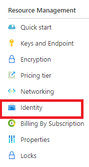Captura de pantalla de la pestaña identidad de administración de recursos en la pestaña Azure portal.