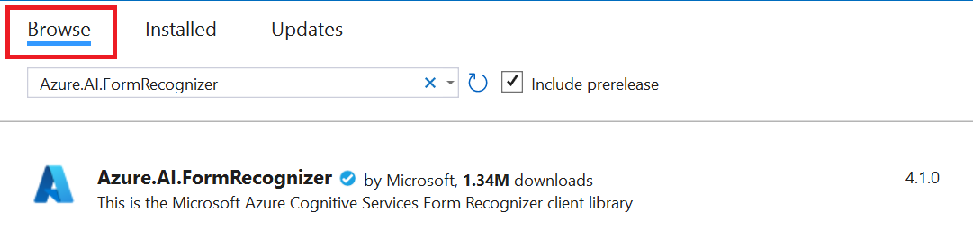 Captura de pantalla de la selección del paquete NuGet preliminar en Visual Studio.