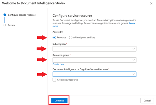 Captura de pantalla del formulario de configuración de recursos de servicio desde Document Intelligence Studio.