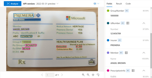 Captura de pantalla de un ejemplo de tarjeta de seguro médico procesada en Document Intelligence Studio.