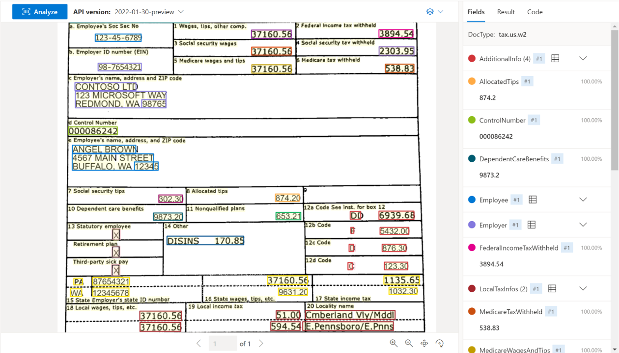 Captura de pantalla de un W-2 de ejemplo.