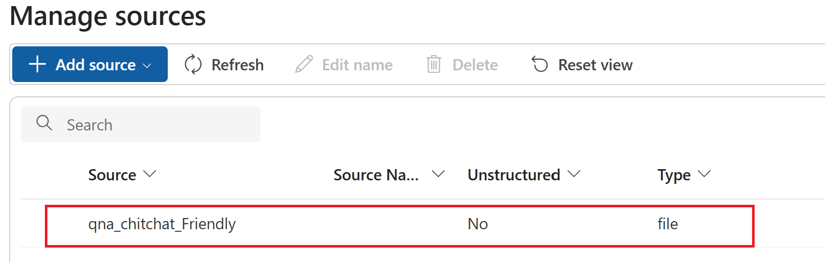 Captura de pantalla de la lista de administración de orígenes en Foundry.