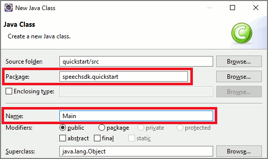 Captura de pantalla de la ventana New Java Class (Nueva clase de Java)
