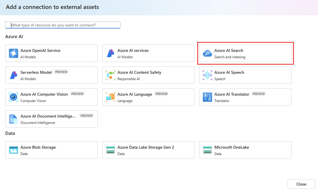 Captura de pantalla de la página para seleccionar Azure AI Search en una lista de otros recursos.