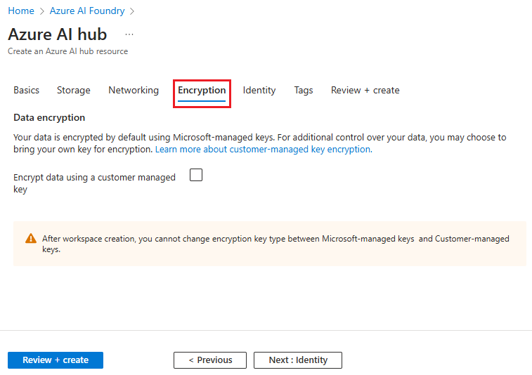 Captura de pantalla de la opción Crear un centro con la opción para seleccionar el tipo de cifrado.