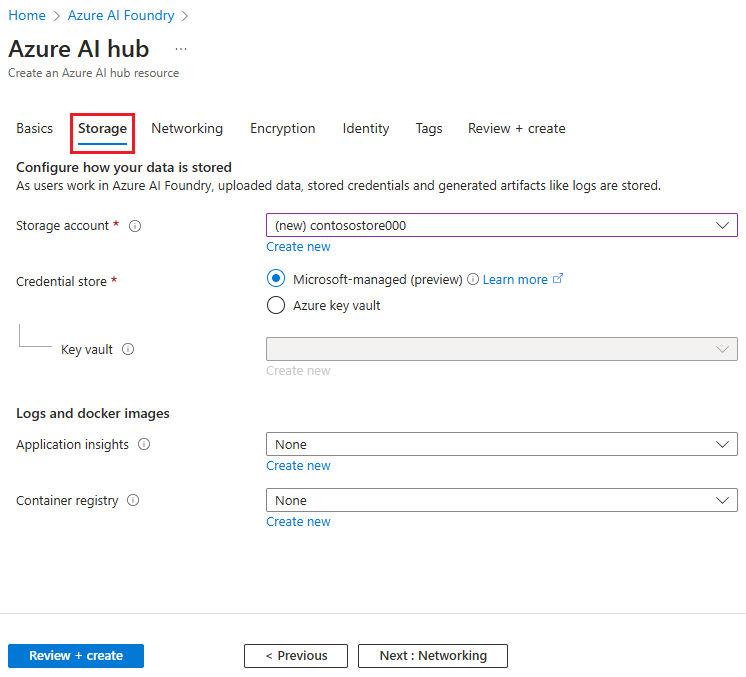 Captura de pantalla de Crear un centro con la opción para establecer información de recursos de almacenamiento.