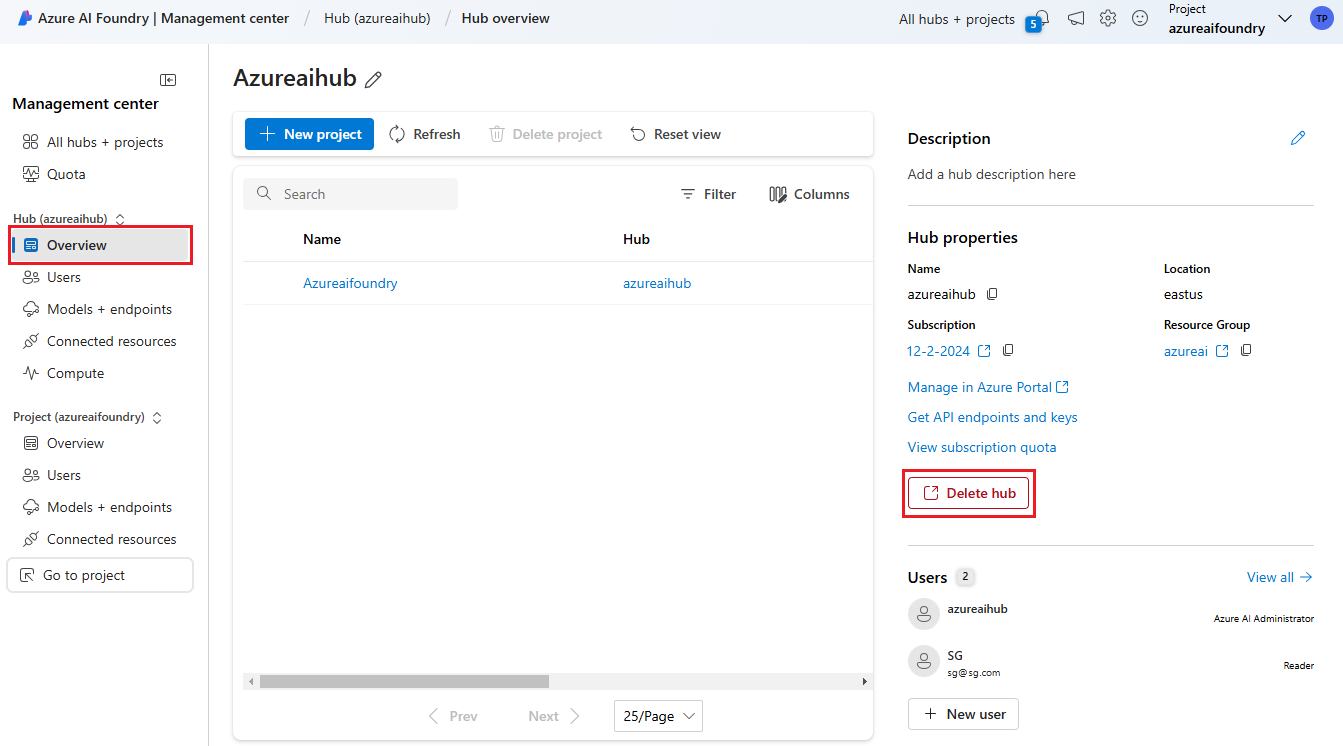 Captura de pantalla del vínculo de eliminación del centro en las propiedades del mismo.