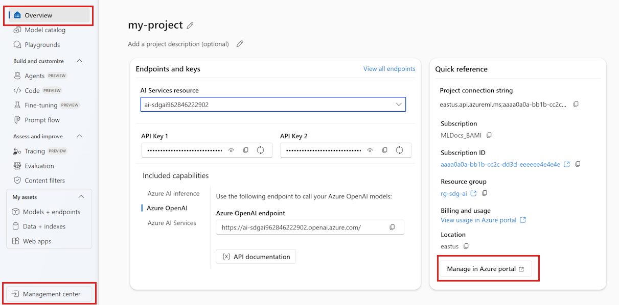 Captura de pantalla de una página de configuración del proyecto de Azure AI Foundry.