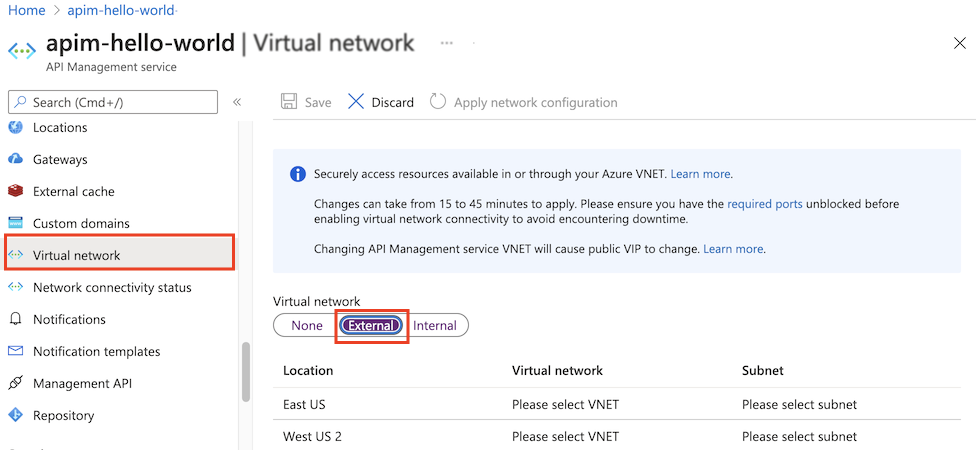 Seleccione VNET en Azure Portal.