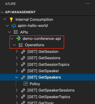 Captura de pantalla de la API importada en el panel del Explorador