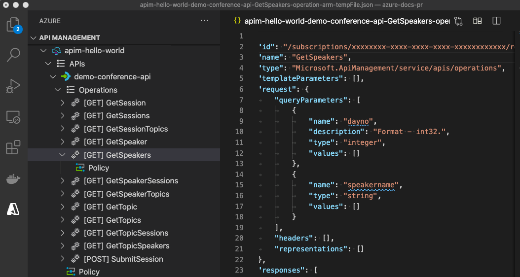 Captura de pantalla de la API en la extensión de API Management