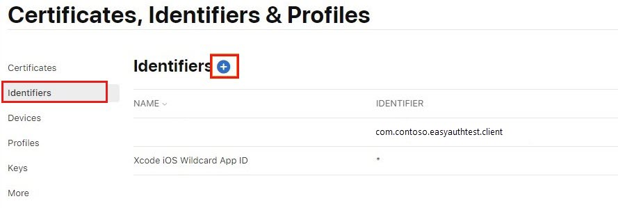 Captura de pantalla que muestra la página Identificador con el icono más resaltado en el Portal para desarrolladores de Apple.