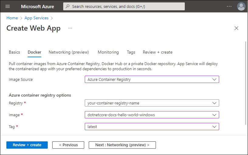 Captura de pantalla que muestra las opciones de Azure Container Registry.