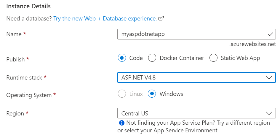 Captura de pantalla de los detalles de la instancia de App Service con un tiempo de ejecución de ASP.NET V4.8.