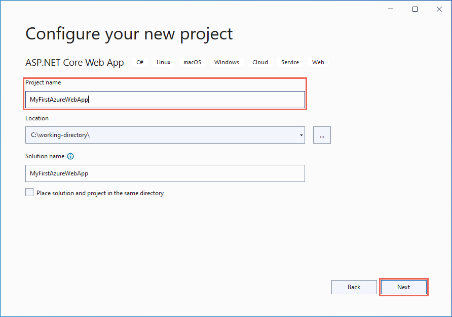 Captura de pantalla de Visual Studio: configuración de una aplicación web de ASP.NET 6.0.