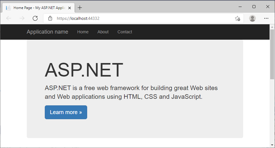 Captura de pantalla de Visual Studio: ASP.NET Framework 4.8 se ejecuta localmente.
