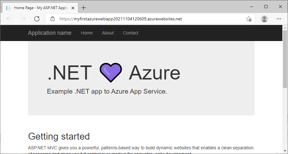 Captura de pantalla de Visual Studio: aplicación web actualizada de ASP.NET Framework 4.8 en Azure.