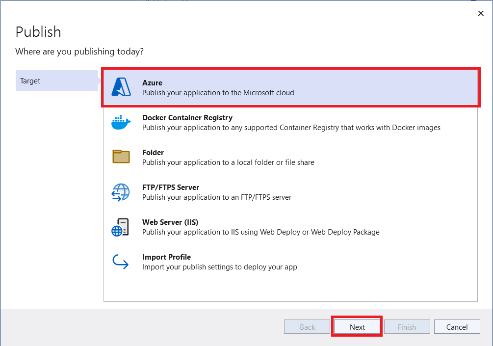 Screenshot of Visual Studio - Publish the web app and target Azure.