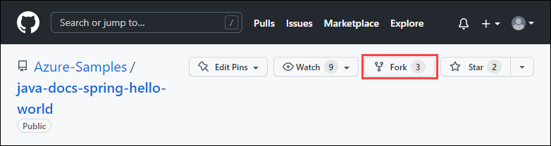Captura de pantalla del repositorio Azure-Samples/java-docs-spring-hello-world repo de GitHub, con la opción 