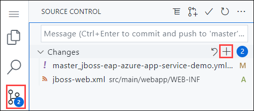 Captura de pantalla de Visual Studio Code en el explorador, que resalta la navegación de Control de código fuente en la barra lateral y, luego, resalta el botón Almacenar cambios provisionalmente en el panel Control de código fuente.
